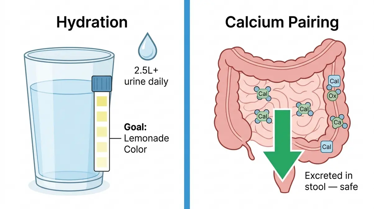 Low Oxalate Meals For Kidney Health: 25 Expert Picks 11 Split illustration showing hydration and calcium pairing as two strategies to flush and neutralize oxalates from the body