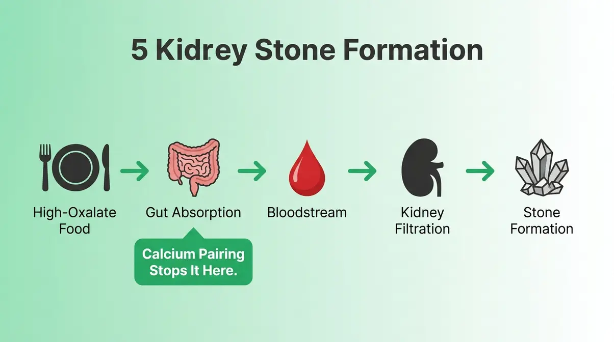 Low Oxalate Meals For Kidney Health: 25 Expert Picks 2 Five-step horizontal illustration of kidney stone formation from food intake to crystal growth with calcium pairing intervention