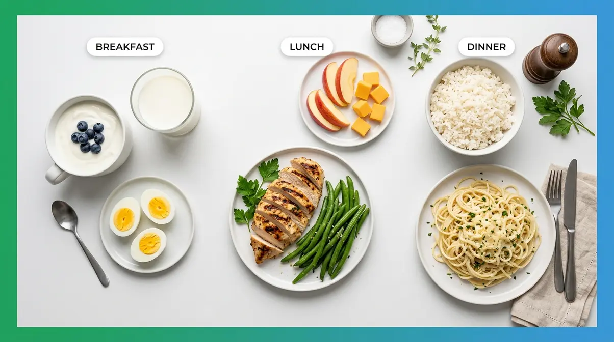 Low Oxalate Meals For Kidney Health: 25 Expert Picks 4 Overhead view of kidney-safe low-oxalate meal components grouped into breakfast lunch and dinner categories