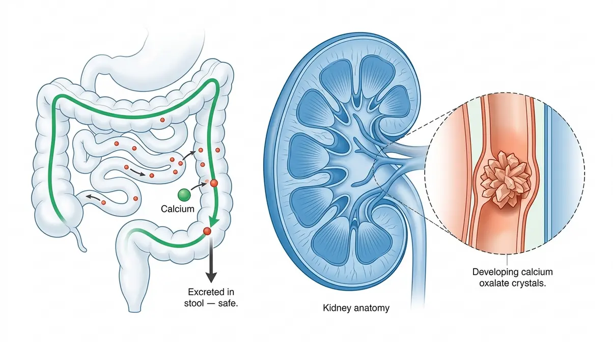 Low Oxalate Meals For Kidney Health: 25 Expert Picks 1 Medical illustration of kidney showing how oxalate molecules enter the bloodstream and form calcium-oxalate crystals