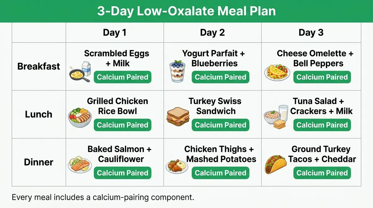 Low Oxalate Meals For Kidney Health: 25 Expert Picks 5 Three-day low-oxalate meal plan grid showing breakfast lunch and dinner with calcium-pairing notes for kidney health