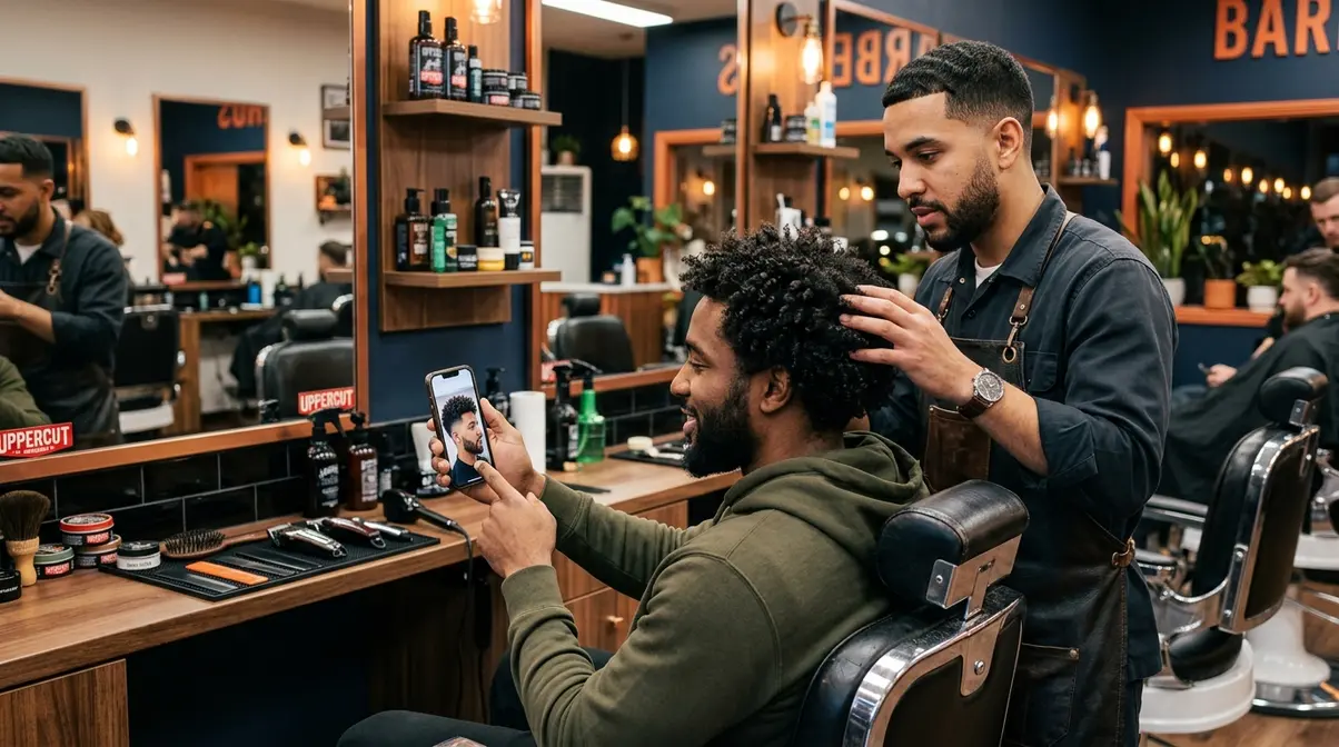 Curly hair client showing barber a reference photo during low taper fade consultation in a modern barbershop