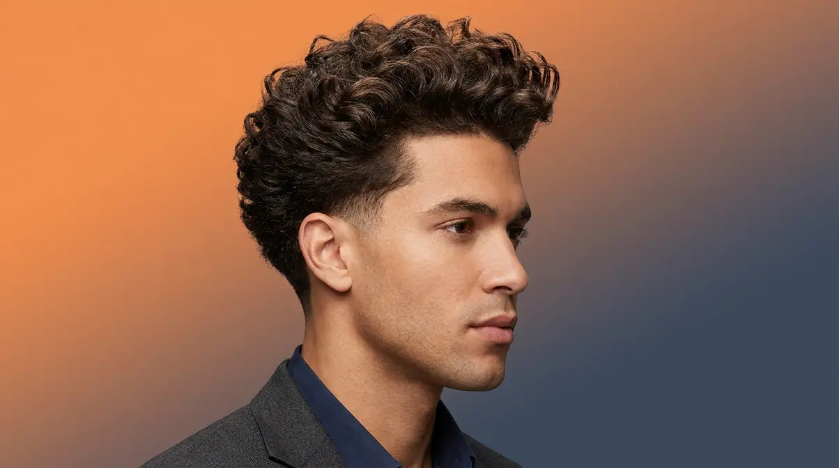 Blowout low taper fade curly hair on a man with Type 3B ringlets and high-volume pick-combed top
