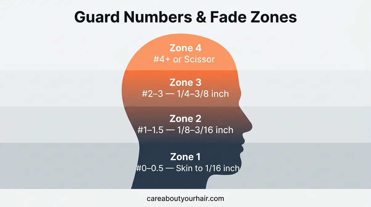 Clipper guard numbers diagram showing four fade zones from nape to top join for a low taper fade on curly hair