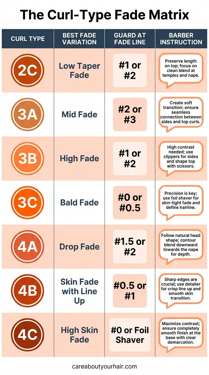 Curl-Type Fade Matrix infographic mapping curl types 2C through 4C to low taper fade variations and guard numbers