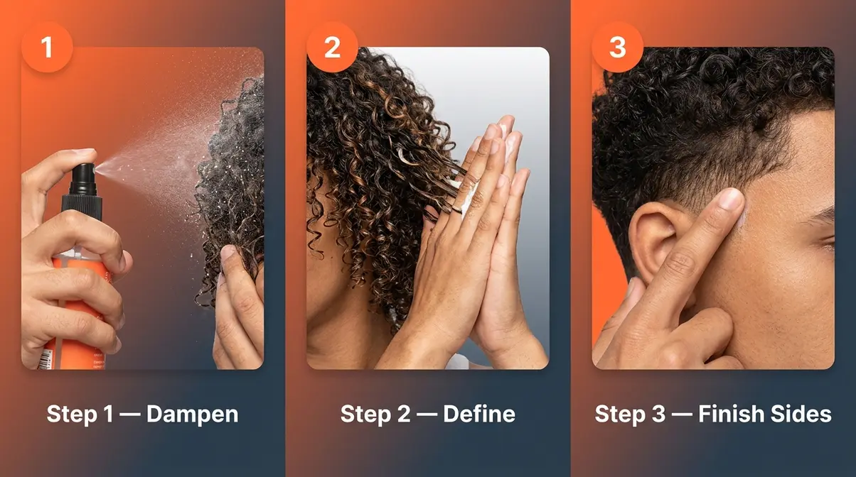 Three-step daily curl refresh routine for low taper fade showing dampening, defining, and finishing the taper sides