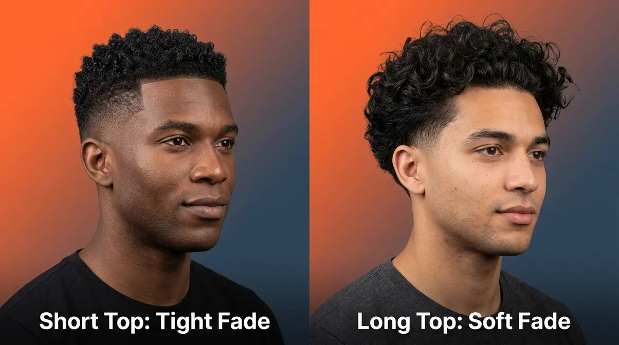 Low taper fade curly hair comparison showing short top with tight fade versus long top with soft fade