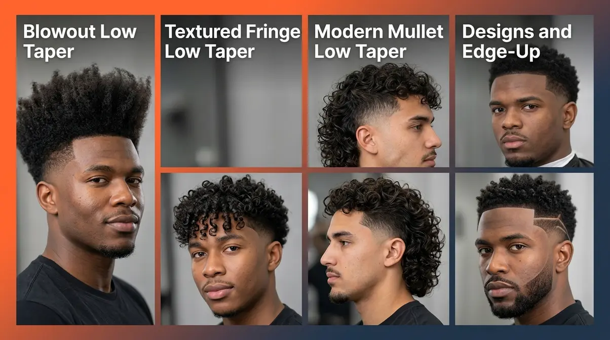 Four low taper fade curly hair style variations showing blowout, textured fringe, modern mullet, and design edge-up