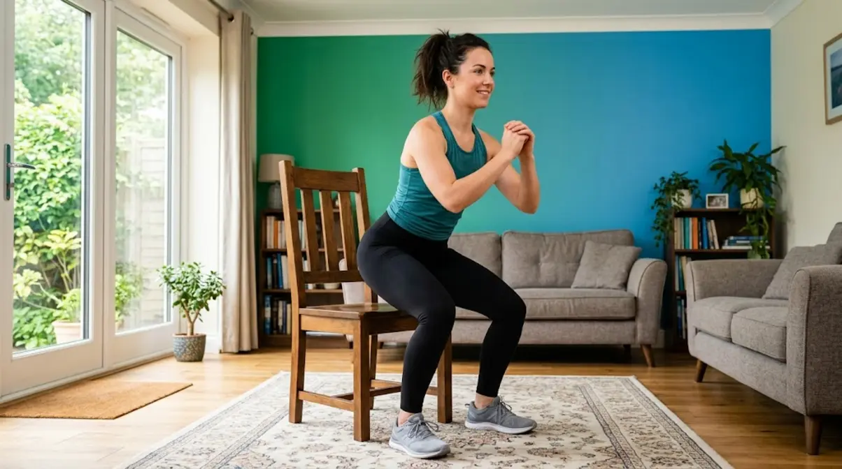 Woman performing chair-assisted squat modification for beginner lower body home workout