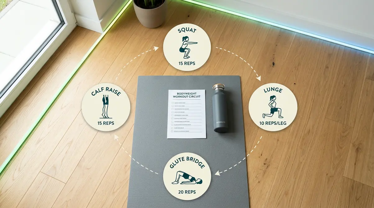 Overhead view of a home workout space set up for a no-equipment lower body circuit routine