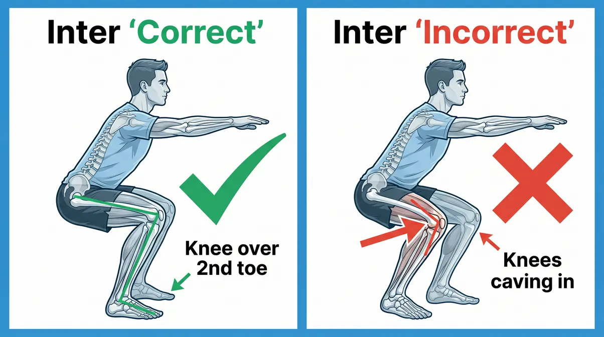 Bodyweight squat form diagram comparing correct knee tracking versus incorrect knee cave position