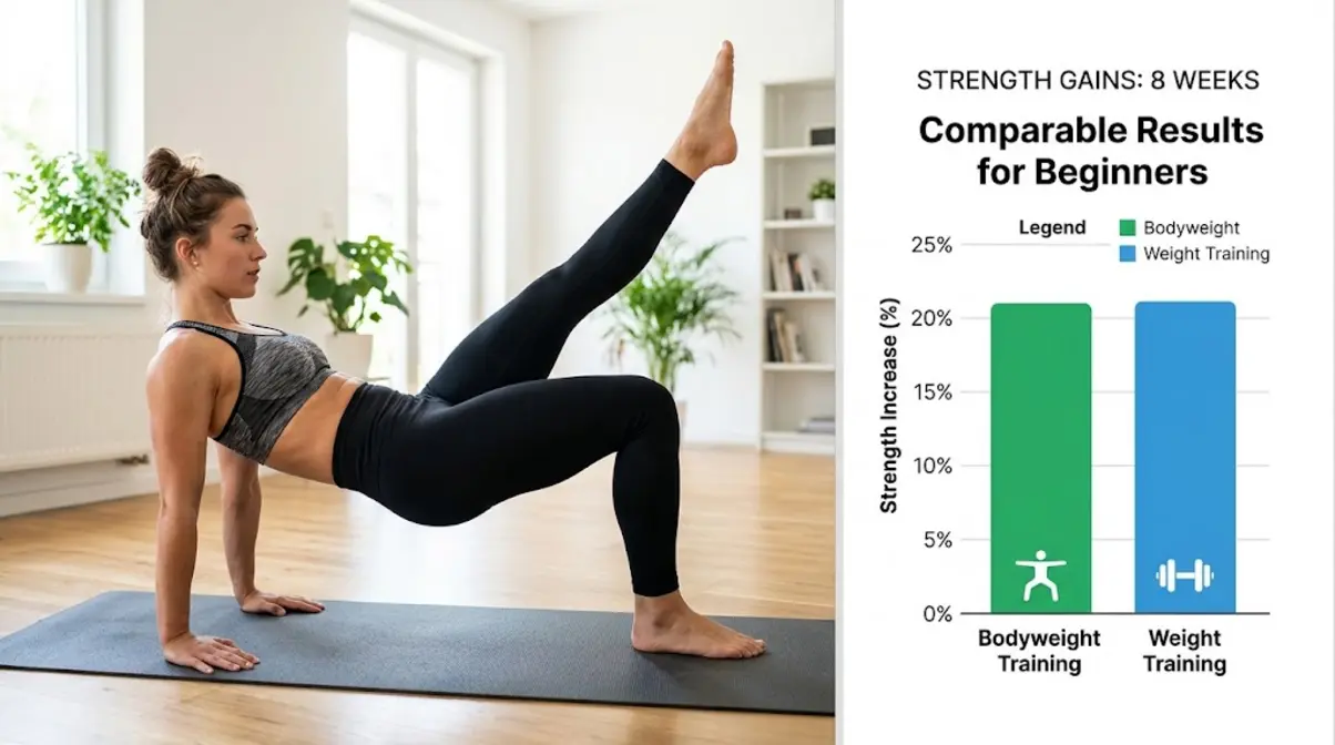 Bodyweight training muscle science comparison showing strength gains versus weight training for beginners