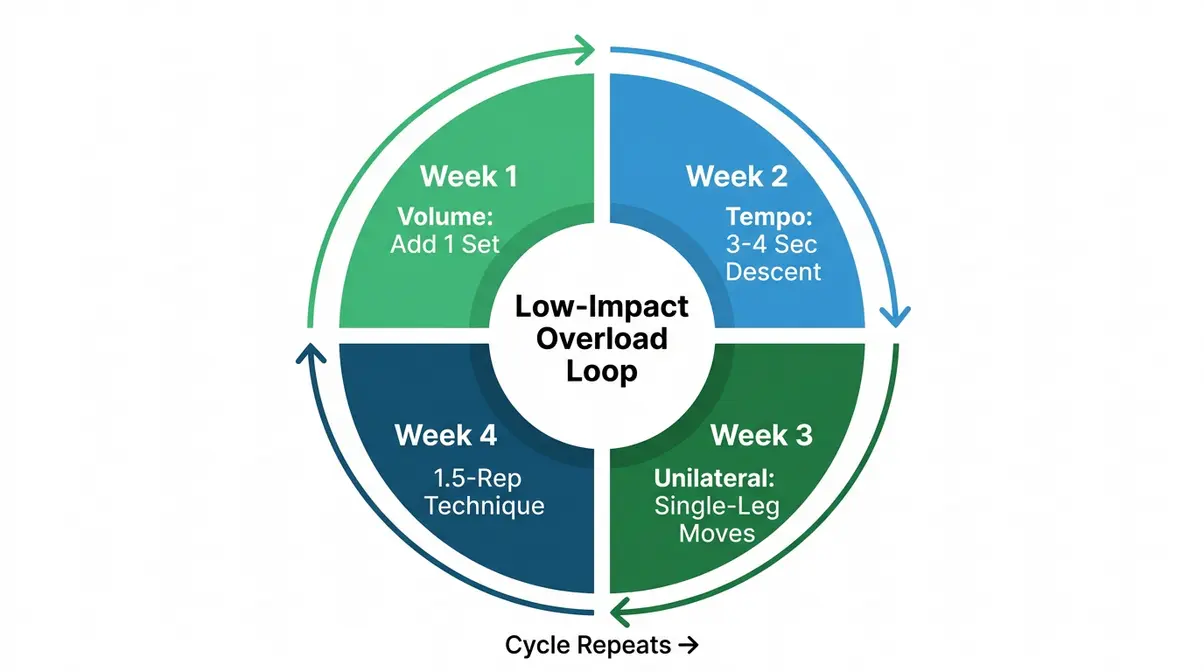 Low-Impact Overload Loop four-week bodyweight progression plan diagram for home leg workouts