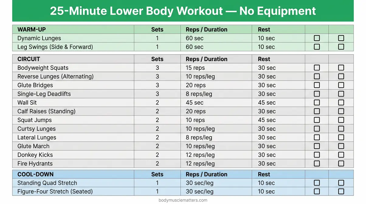 Printable 25-minute lower body workout no equipment circuit plan with checkboxes for each set