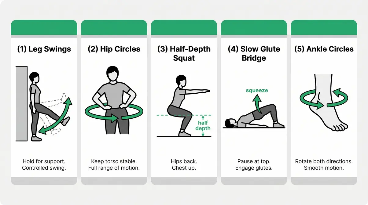 Lower body workout no equipment warm-up sequence showing five beginner exercises with form cues