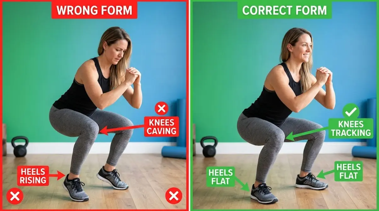 Common lower body workout form mistakes showing knee cave and heel rise errors versus correct squat technique