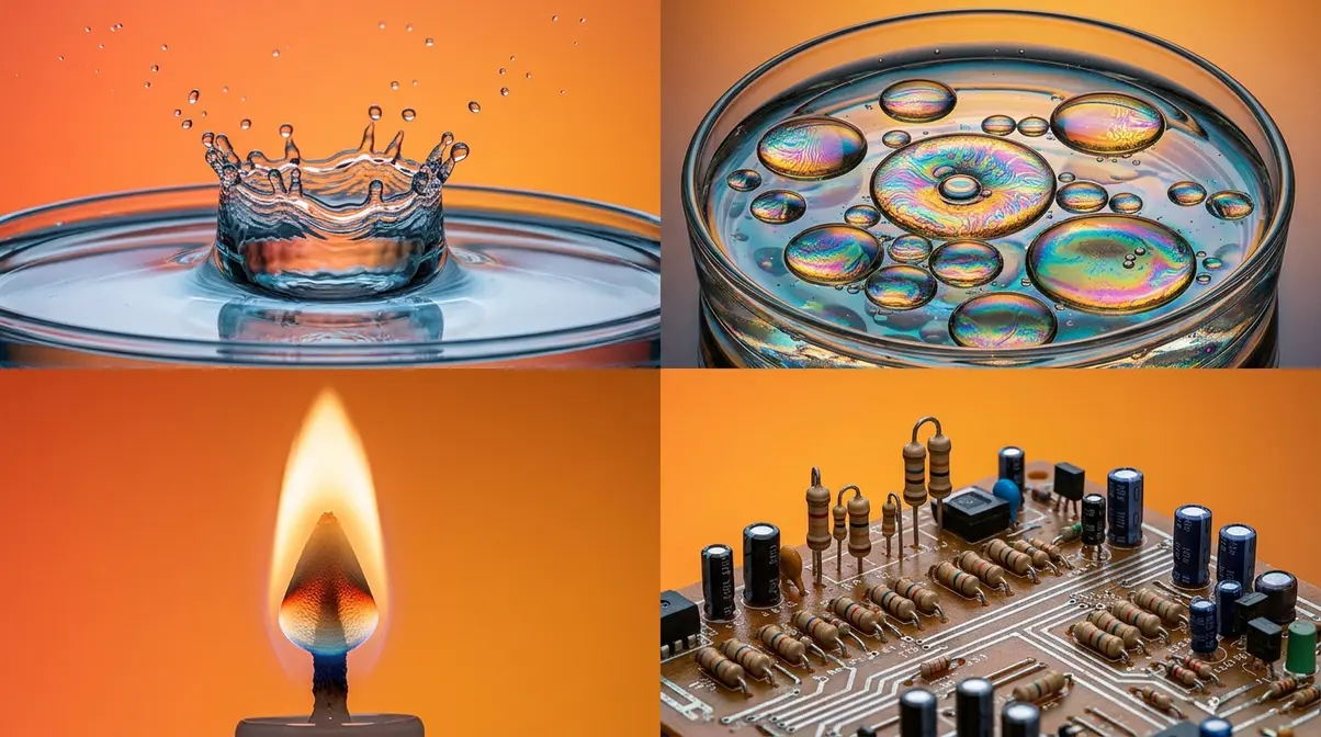 Four at-home macro photography project subjects showing water crown, oil bubbles, candle flame, and circuit board close-ups