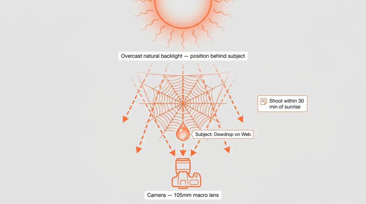 Diagram showing camera angle, natural backlight direction, and spider web with dewdrop for macro photography lighting setup