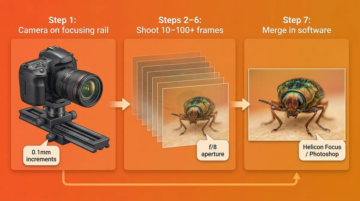 Focus stacking process diagram for extreme macro photography showing camera rail, multiple exposure frames, and final merged composite image