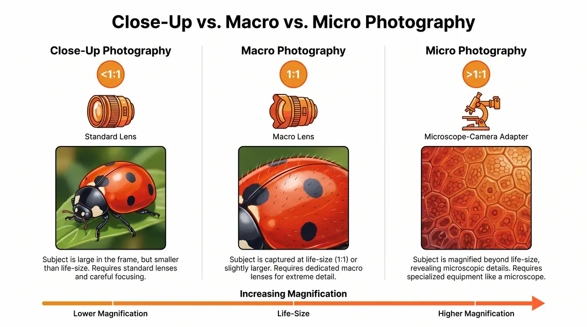 Infographic comparing close-up, macro, and micro photography magnification ratios with example subjects for each level
