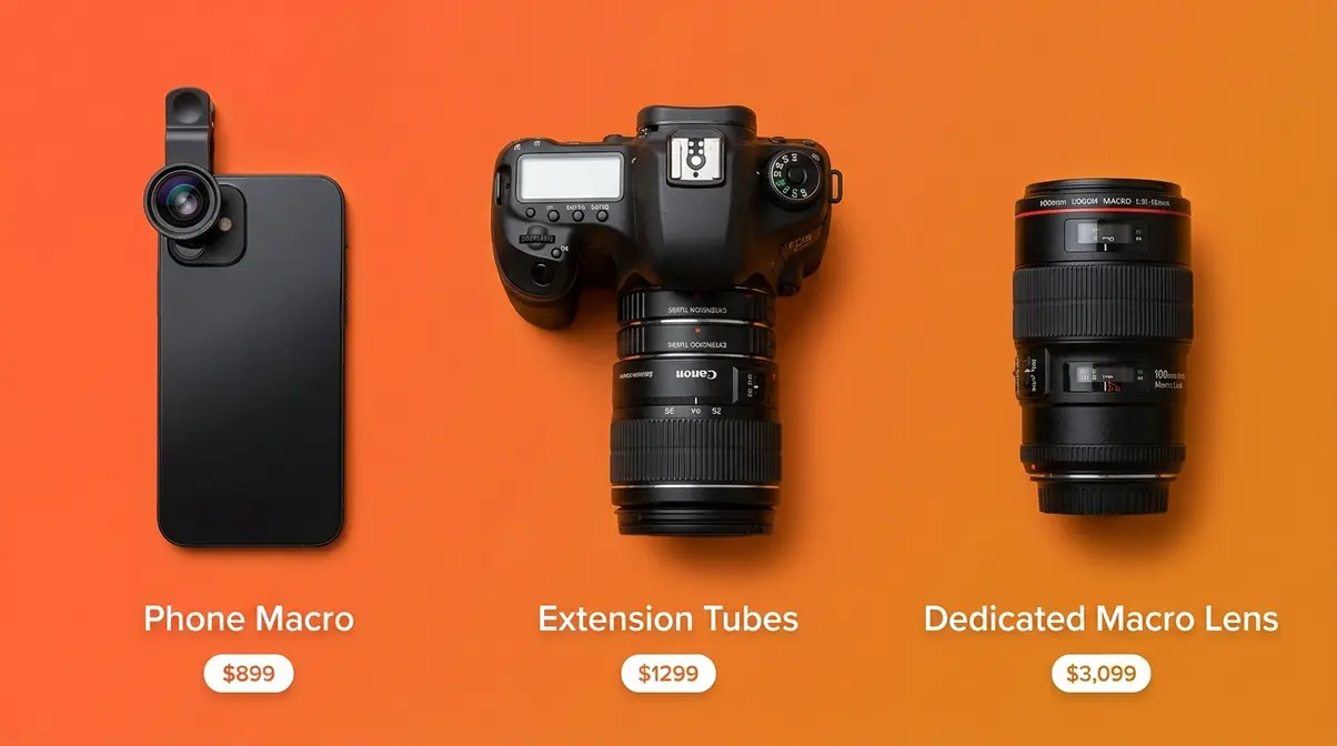 Three macro photography gear options side by side showing smartphone, extension tubes, and dedicated macro lens comparison