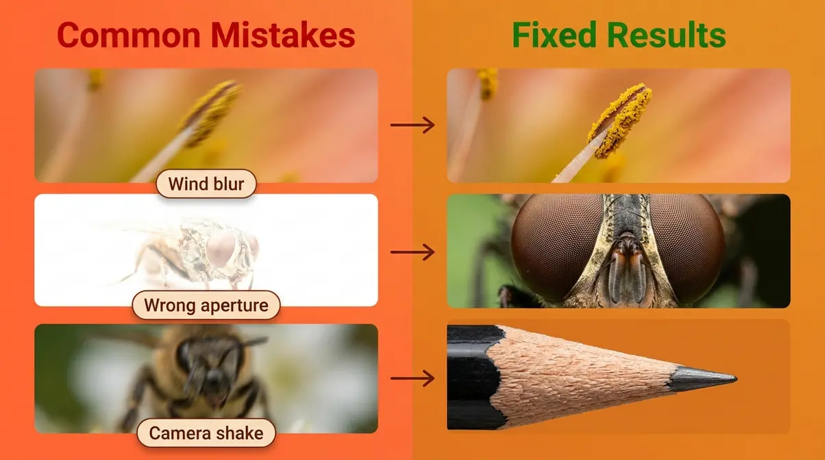 Split-screen comparison showing common macro photography mistakes on the left and corrected results on the right for five pitfalls