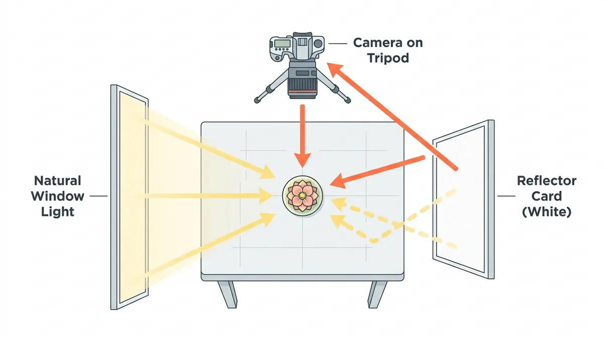 Top-down lighting diagram showing camera on tripod, window light source, and white reflector card for macro photography