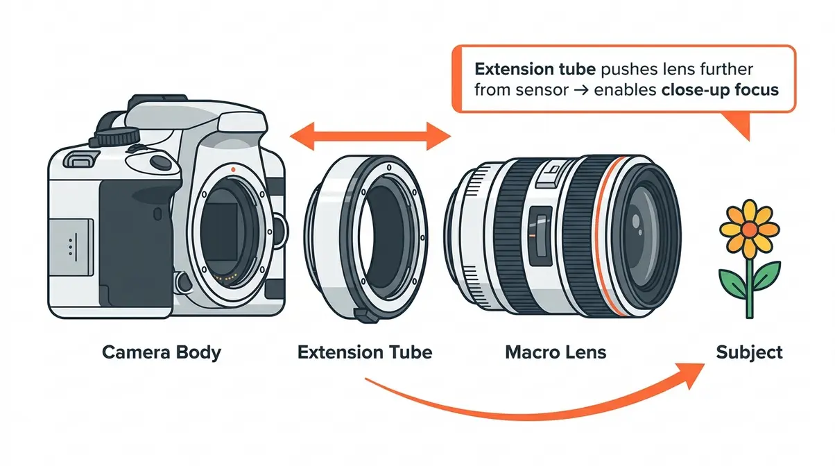 Diagram showing camera body, extension tube, and lens illustrating how macro focusing works for beginners