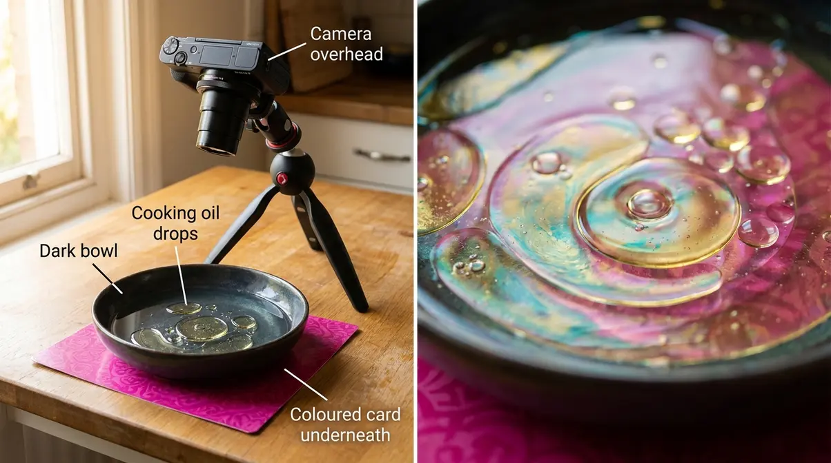 Oil and water macro photography home setup showing dark bowl, coloured card underneath, and camera on tripod overhead
