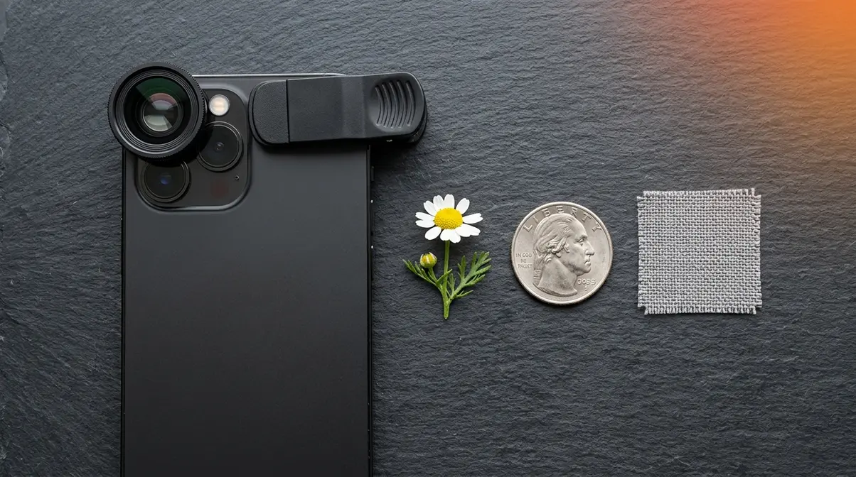 Smartphone with clip-on macro lens attachment next to flower, coin, and fabric macro photography subjects