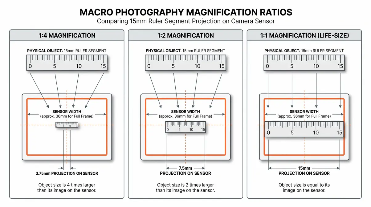 Diagram comparing macro photography magnification ratios 1:4 vs 1:2 vs 1:1 on camera sensor
