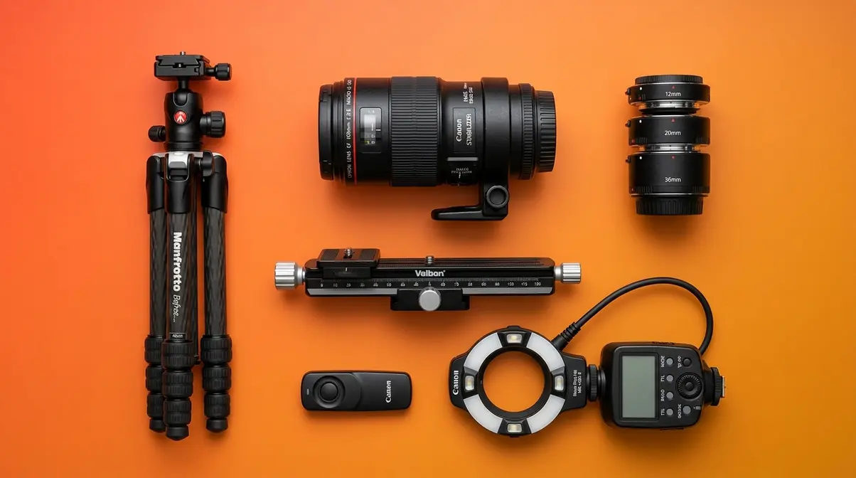 Essential macro photography gear including macro lens extension tubes tripod focusing rail and ring flash