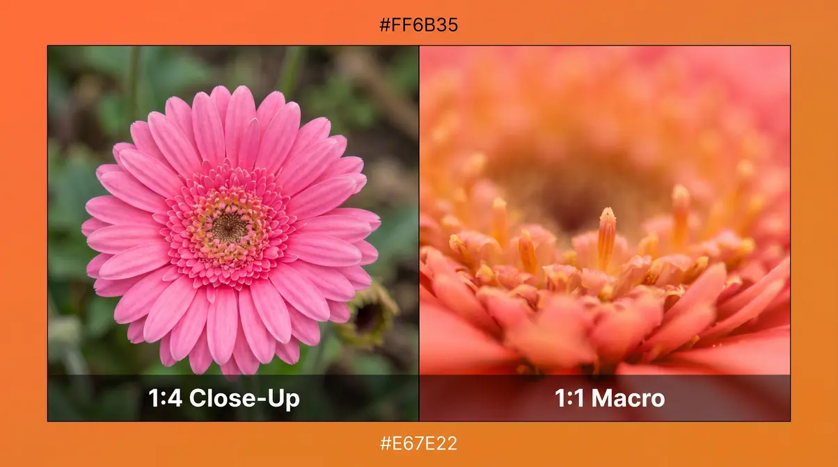 Side-by-side comparison of close-up photography vs true macro photography depth of field difference