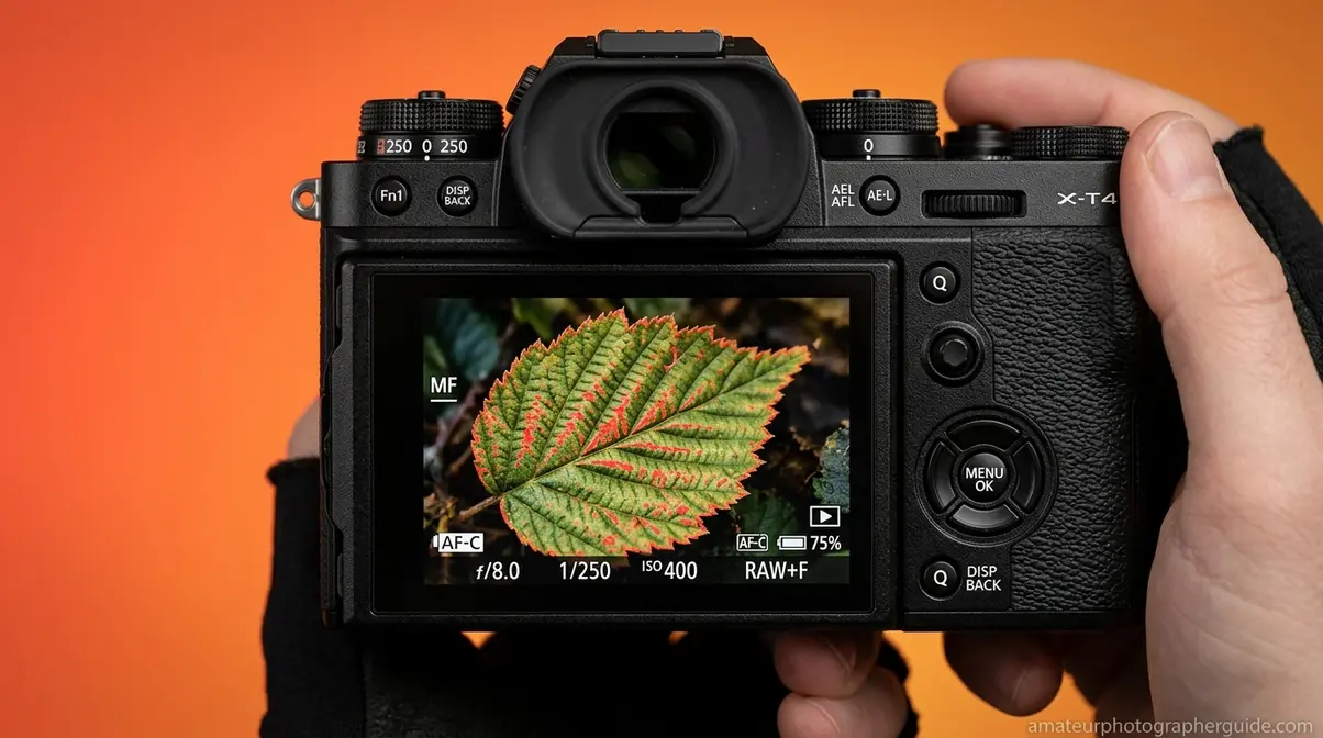 Mirrorless camera rear screen displaying focus peaking highlights and f/8 aperture for macro.