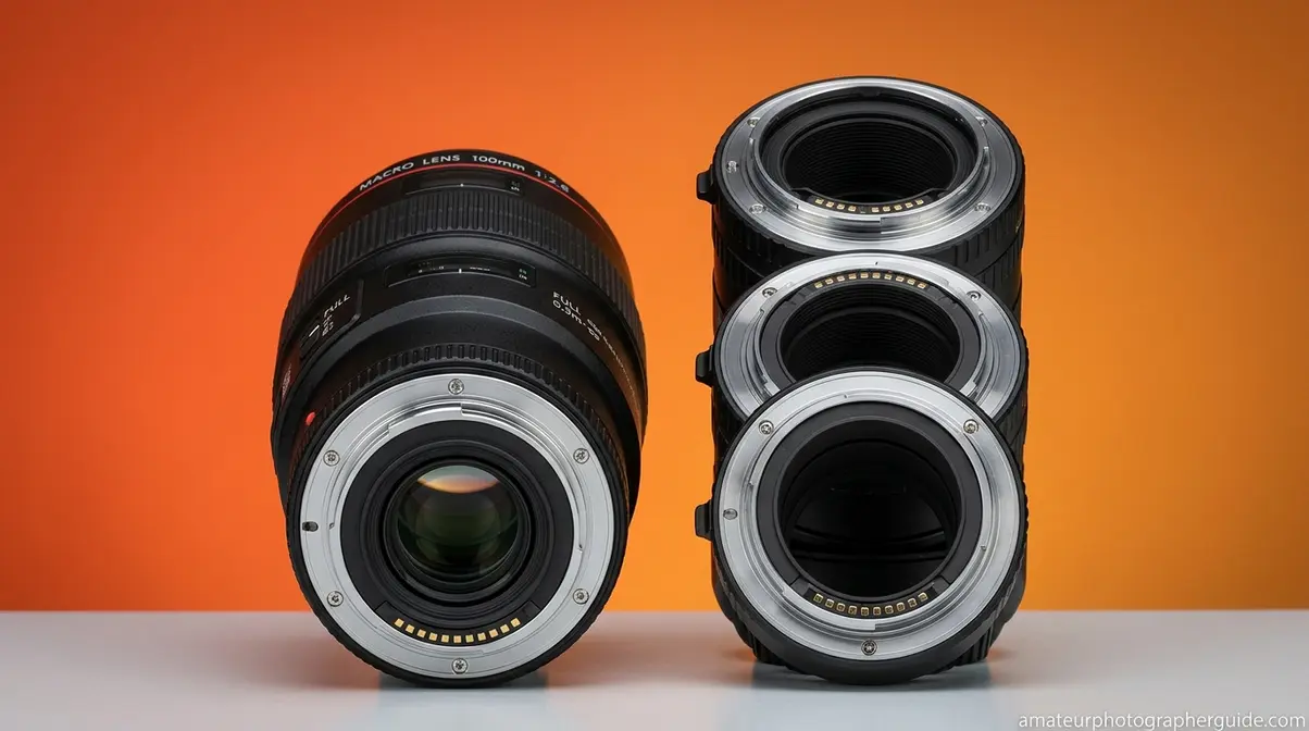 Side-by-side comparison of a dedicated macro lens and metal extension tubes for close-ups.