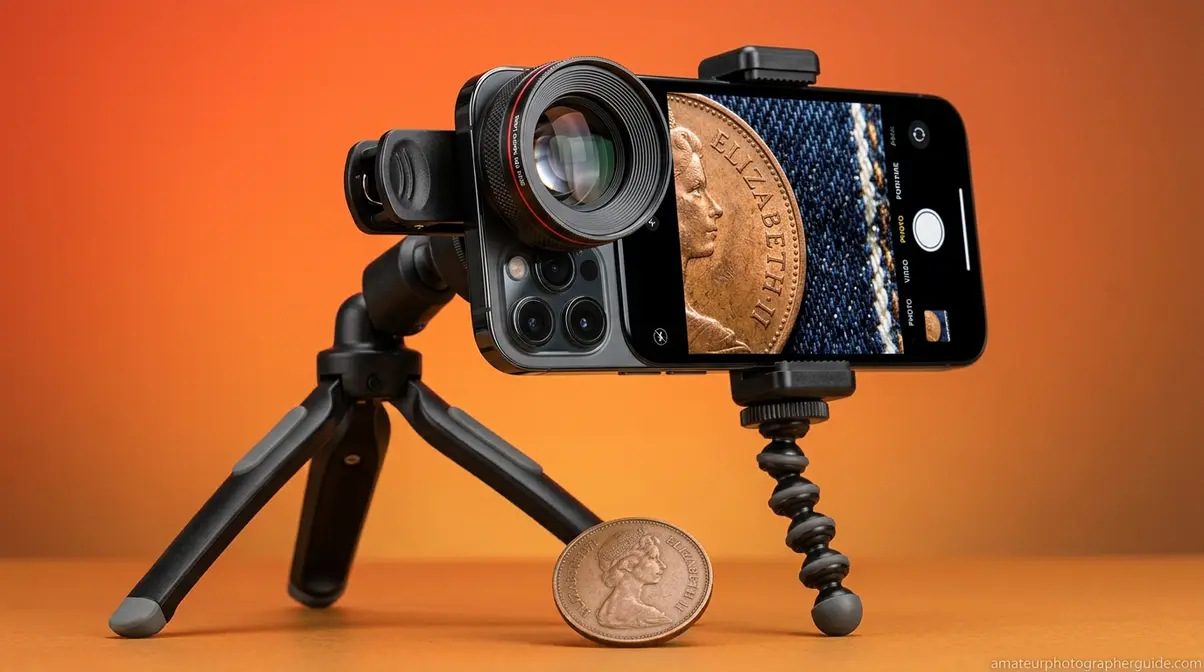 Modern smartphone equipped with a multi-element macro clip-on lens capturing textured fabric close-up.