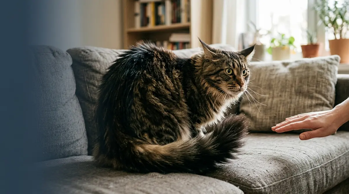 Maine Coon cat showing aggression warning signs — flattened ears, dilated pupils, and raised fur before biting