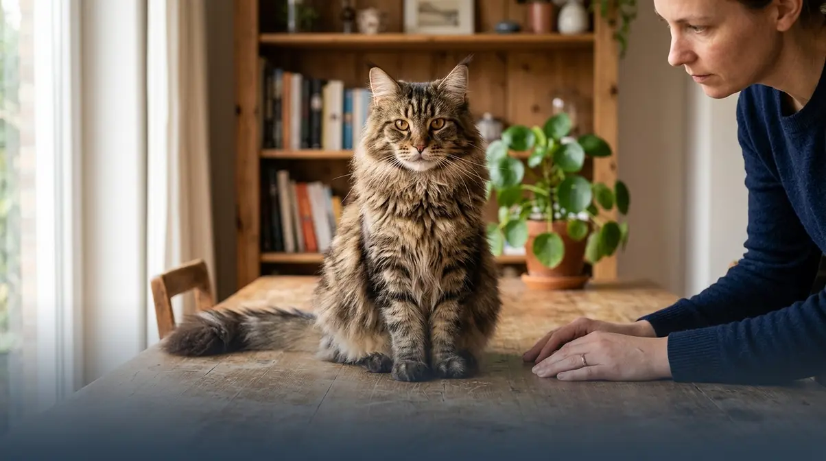 Person carefully observing Maine Coon cat behaviour to identify the root cause of the problem