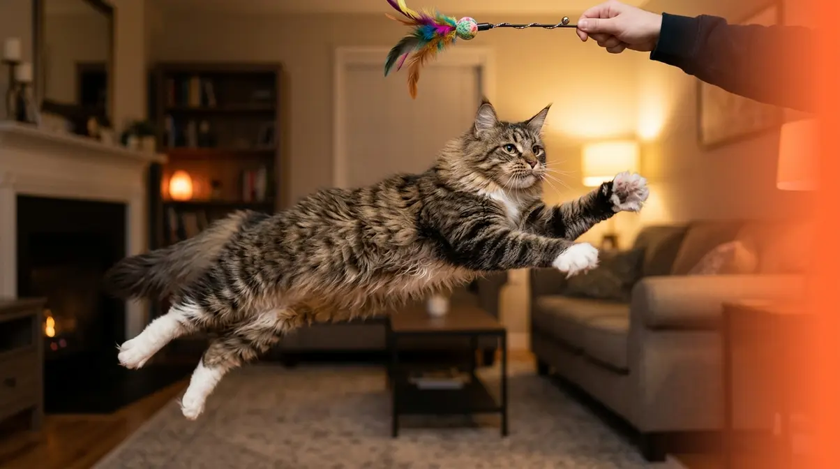 Maine Coon cat leaping to catch feather wand toy during pre-bed energy drain play routine