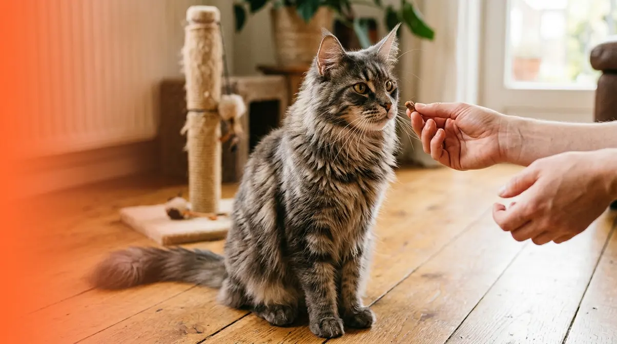 Maine Coon cat receiving treat reward during positive reinforcement training session at home