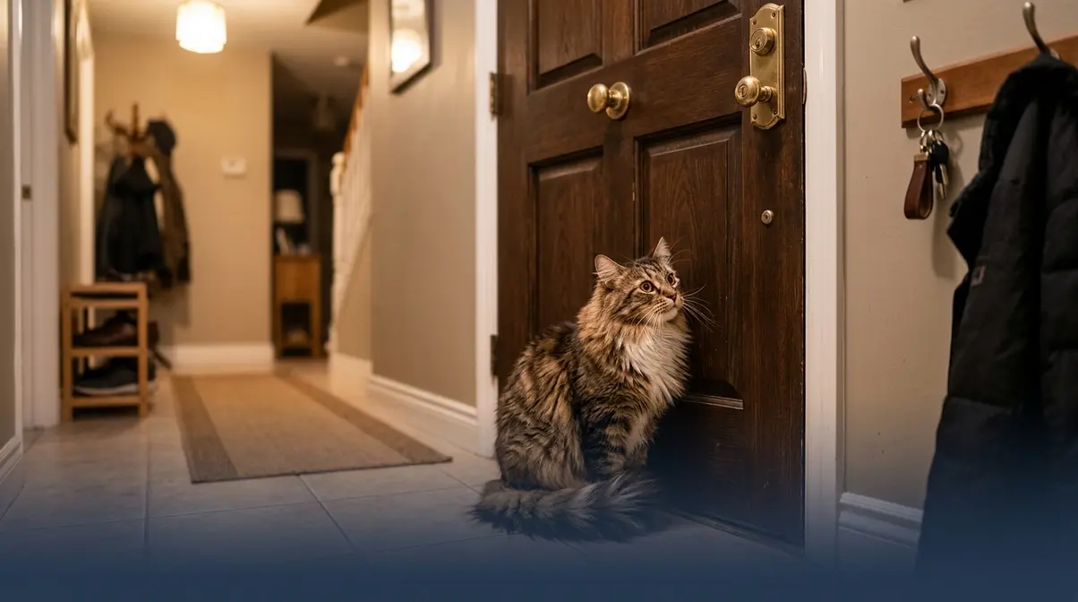 Maine Coon cat sitting anxiously at closed front door showing signs of separation anxiety