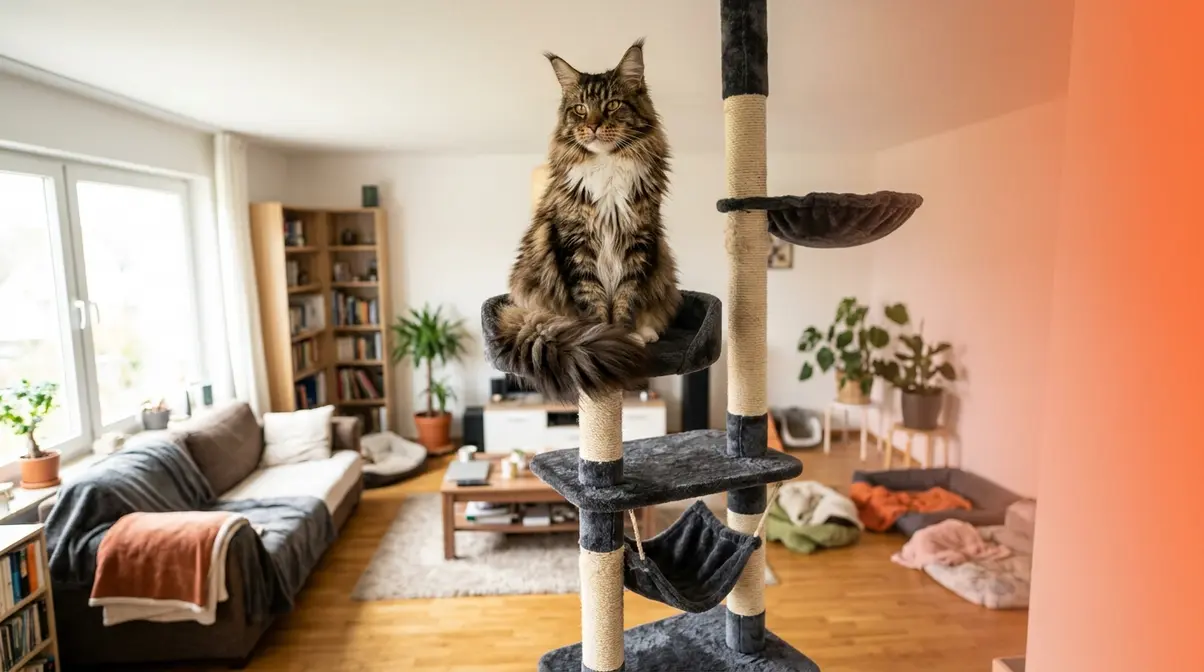 Maine Coon cat perched at the top of a tall cat tree displaying Tarzan syndrome climbing instinct