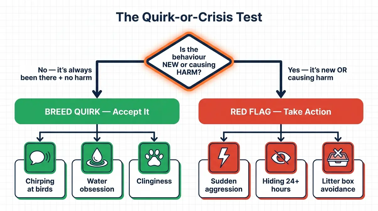 Maine Coon behaviour problems quirk or crisis diagnostic flowchart showing breed quirks versus red flags