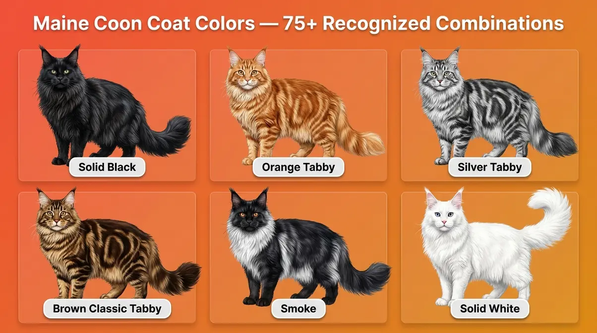 Maine Coon coat color gallery showing black, orange tabby, silver, smoke, and white coat variations