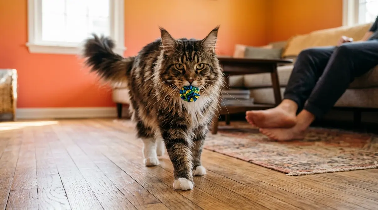 Maine Coon cat carrying toy to owner demonstrating dog-like fetch behavior and loyal personality