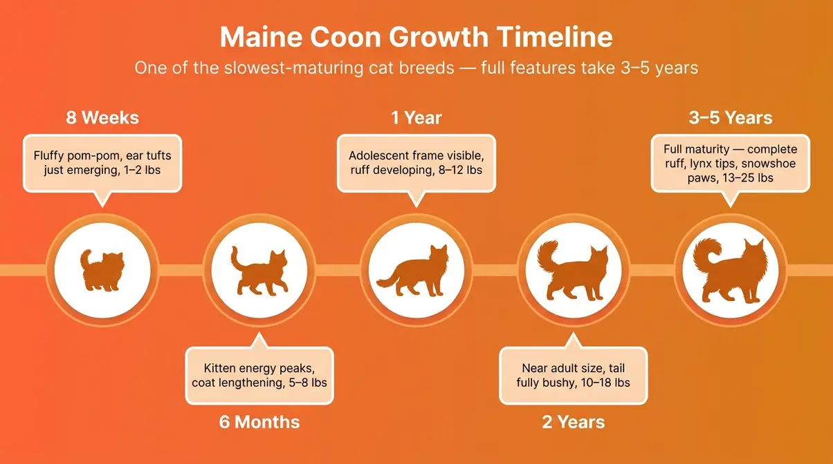 Maine Coon growth timeline infographic from 8 weeks kitten to full maturity at 3 to 5 years