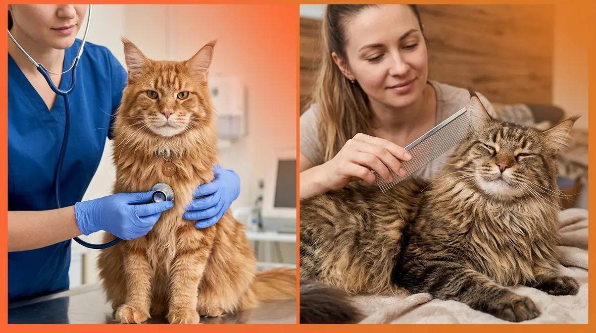 Maine Coon health care showing veterinary cardiac exam and owner grooming the shaggy double coat