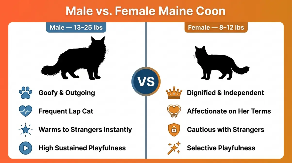 Male versus female Maine Coon comparison infographic showing size and temperament differences side by side