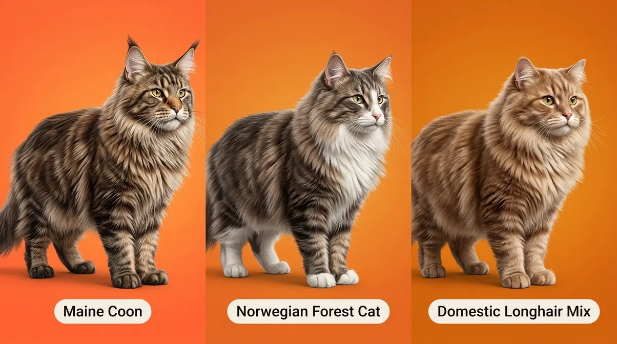 Maine Coon mix identification comparison showing Maine Coon versus Norwegian Forest Cat versus domestic longhair