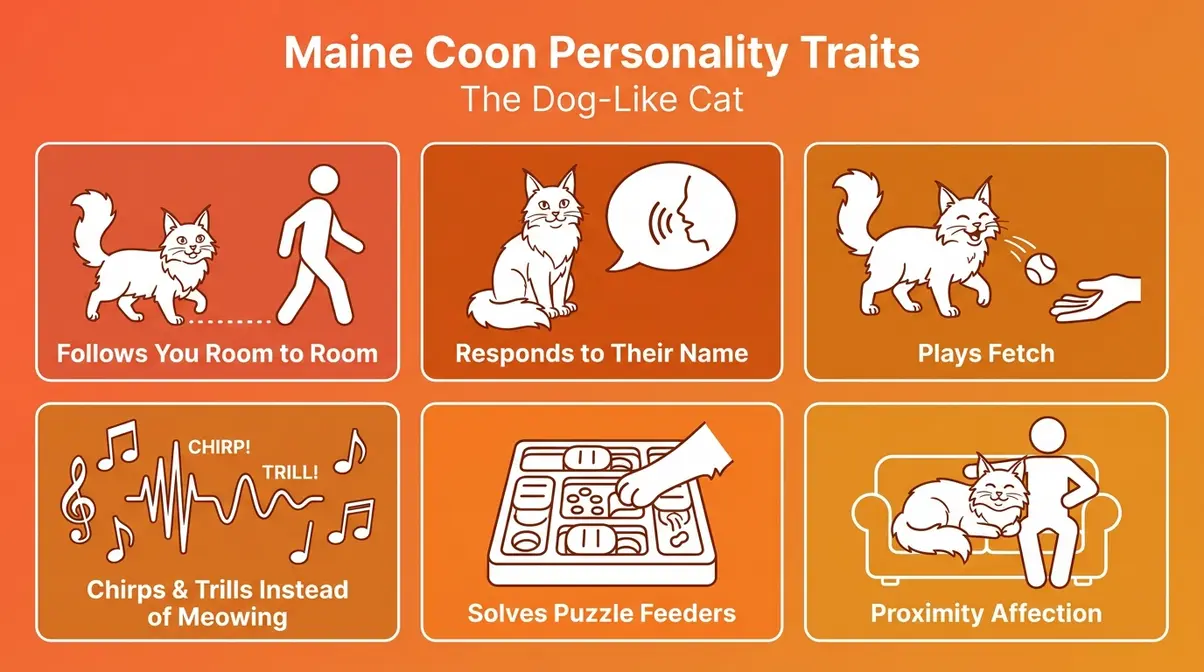 Maine Coon personality traits infographic showing six dog-like behaviors including fetch and name recognition